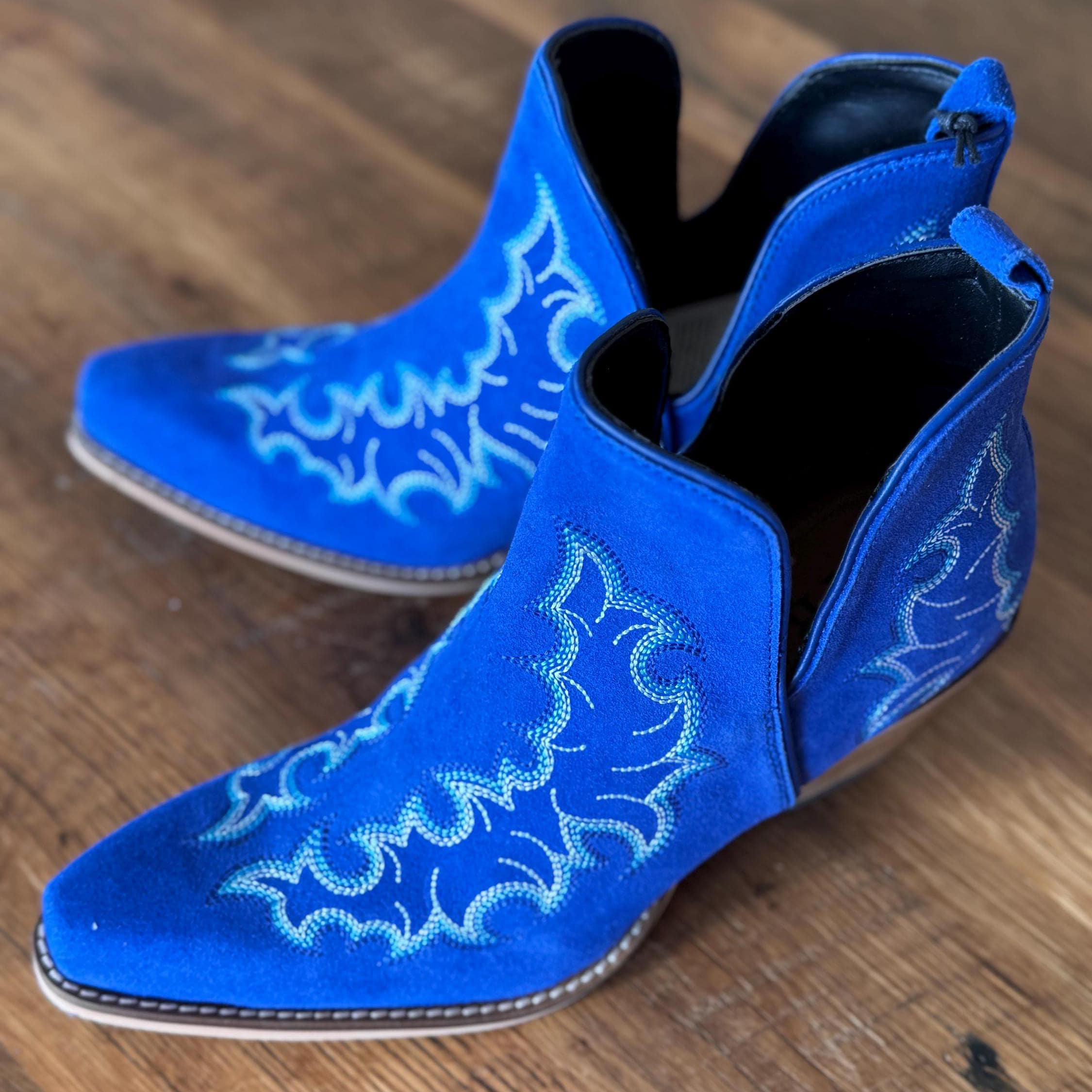 Genuine Suede Leather Bootie Ankle Boots in Royal Blue with Boot stitch Flame Design, Boots, Ankle Boot, Bootie, Slip On Shoe Cowgirl Boots