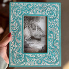White & Turquoise Tooled Leather Photo Frame Western Cowgirl Cowboy Wedding Valentine Graduation Bridal Shower Baby Mothers Fathers Day Gift