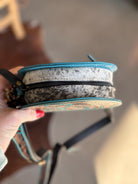 Turquoise tooled Leather Small Western Round Crossbody Canteen Purse Wallet Concert Purse, Rodeo, Sports event