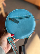 Turquoise tooled Leather Small Western Round Crossbody Canteen Purse Wallet Concert Purse, Rodeo, Sports event