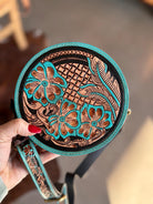 Turquoise tooled Leather Small Western Round Crossbody Canteen Purse Wallet Concert Purse, Rodeo, Sports event