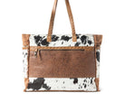 Western Cowhide & Tooled Leather Weekender Tote Bag Travel Custom Branded Farm Brand Cow Brand Initials Cow Print