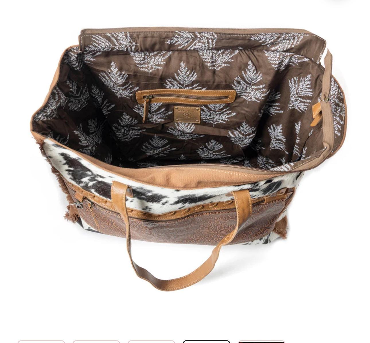 Western Cowhide & Tooled Leather Weekender Tote Bag Travel Custom Branded Farm Brand Cow Brand Initials Cow Print