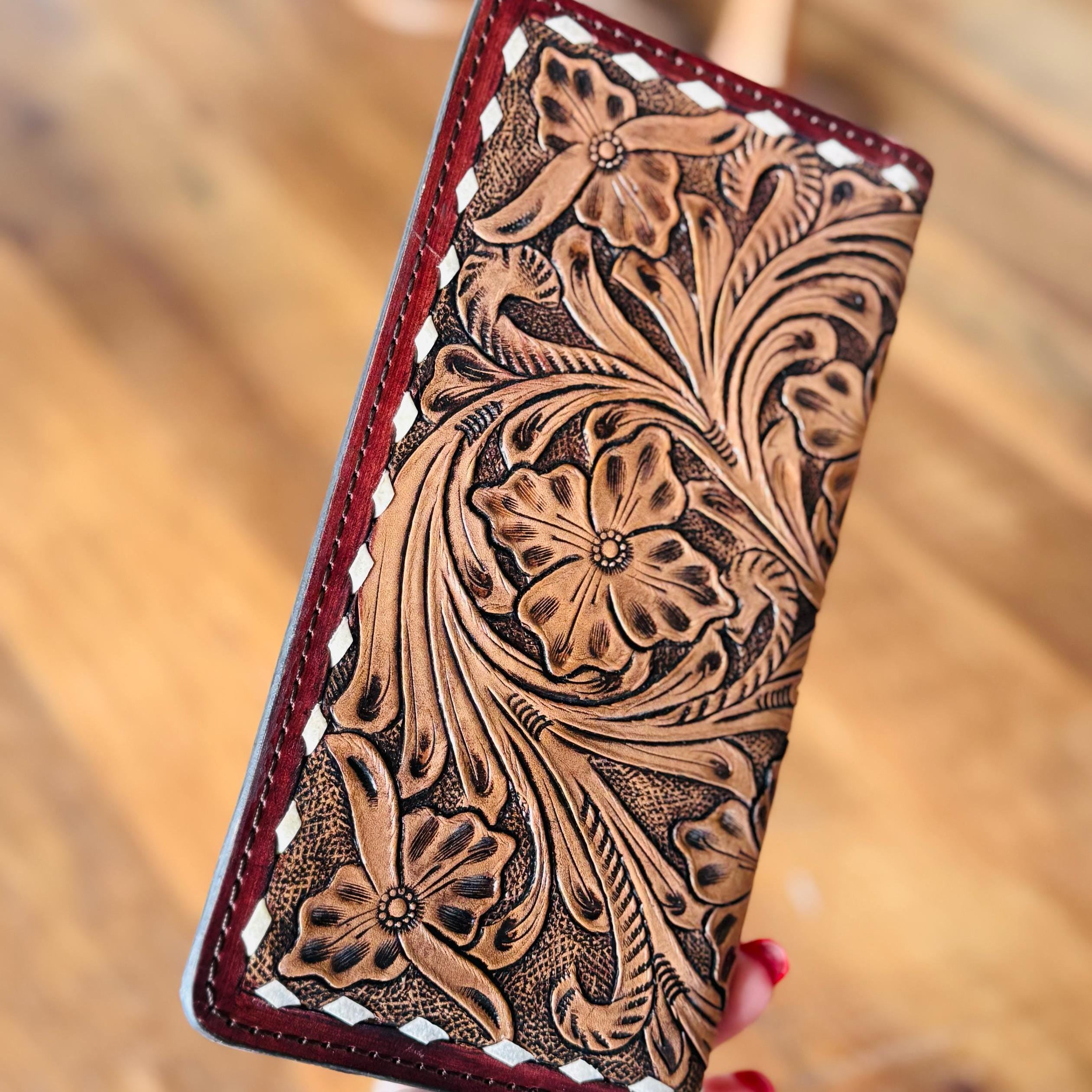 Tooled Leather Checkbook style Wallet, Mens or Women's, Western Wallet, Gifts for Dad, Gifts for Mom Mothers Day
