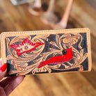 Tooled Leather Checkbook style Wallet with Red Flower & Cardinal, Mens or Women's, Western Wallet, Gifts for Dad, Gifts for Mom Mothers Day