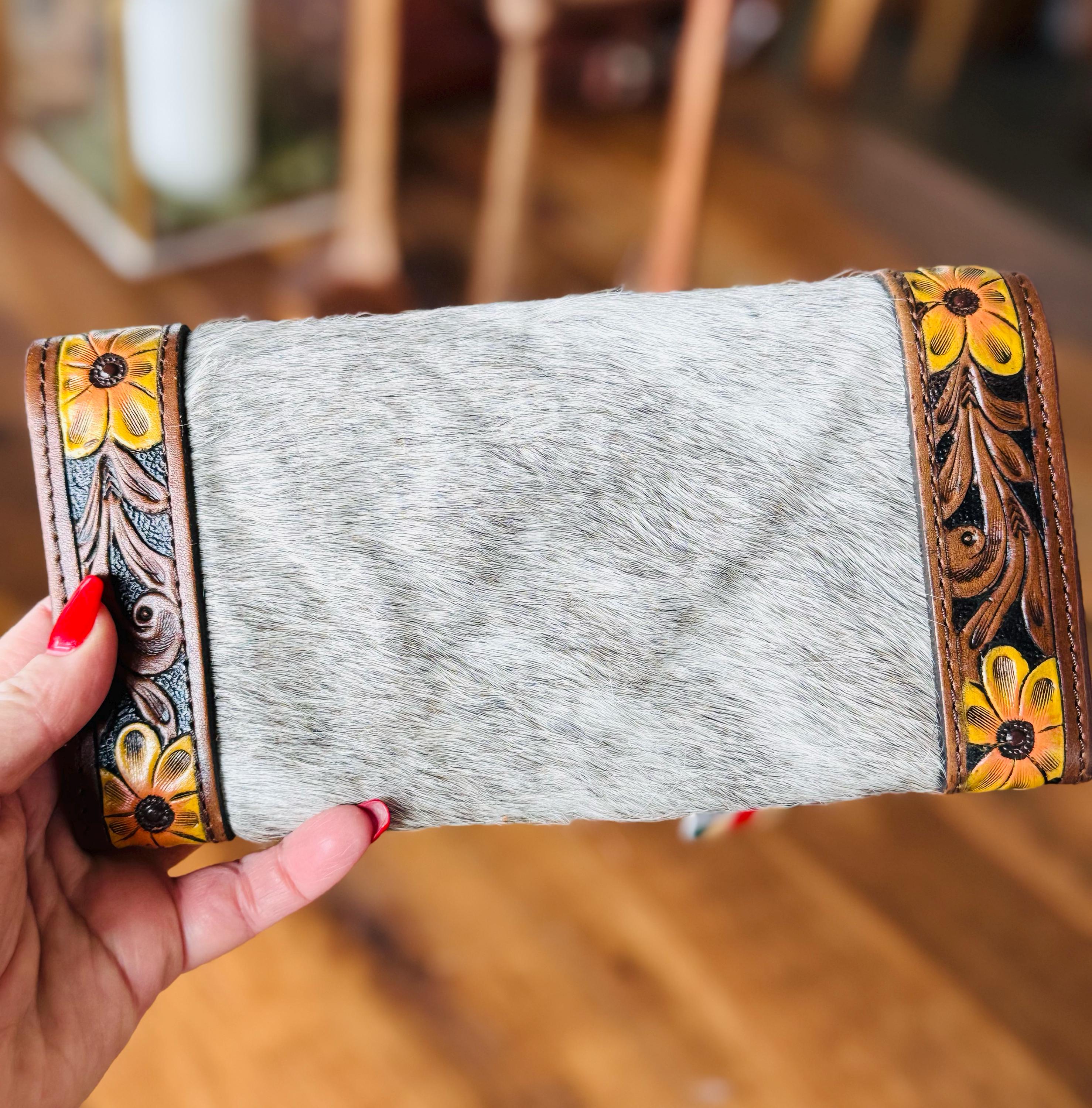 Tooled Leather with Sunflowers & Cowhide Western Style Wallet Can Be Personalized Gifts for Her Mothers Day Gift Custom Gift