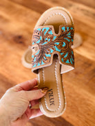 Tooled Leather, Turquoise & Brown, Slide sandals, Western sandals, Western Slides, Summer Shoes, Western Accessories, Cowgirl Sandal, Flats