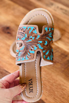 Tooled Leather, Turquoise & Brown, Slide sandals, Western sandals, Western Slides, Summer Shoes, Western Accessories, Cowgirl Sandal, Flats