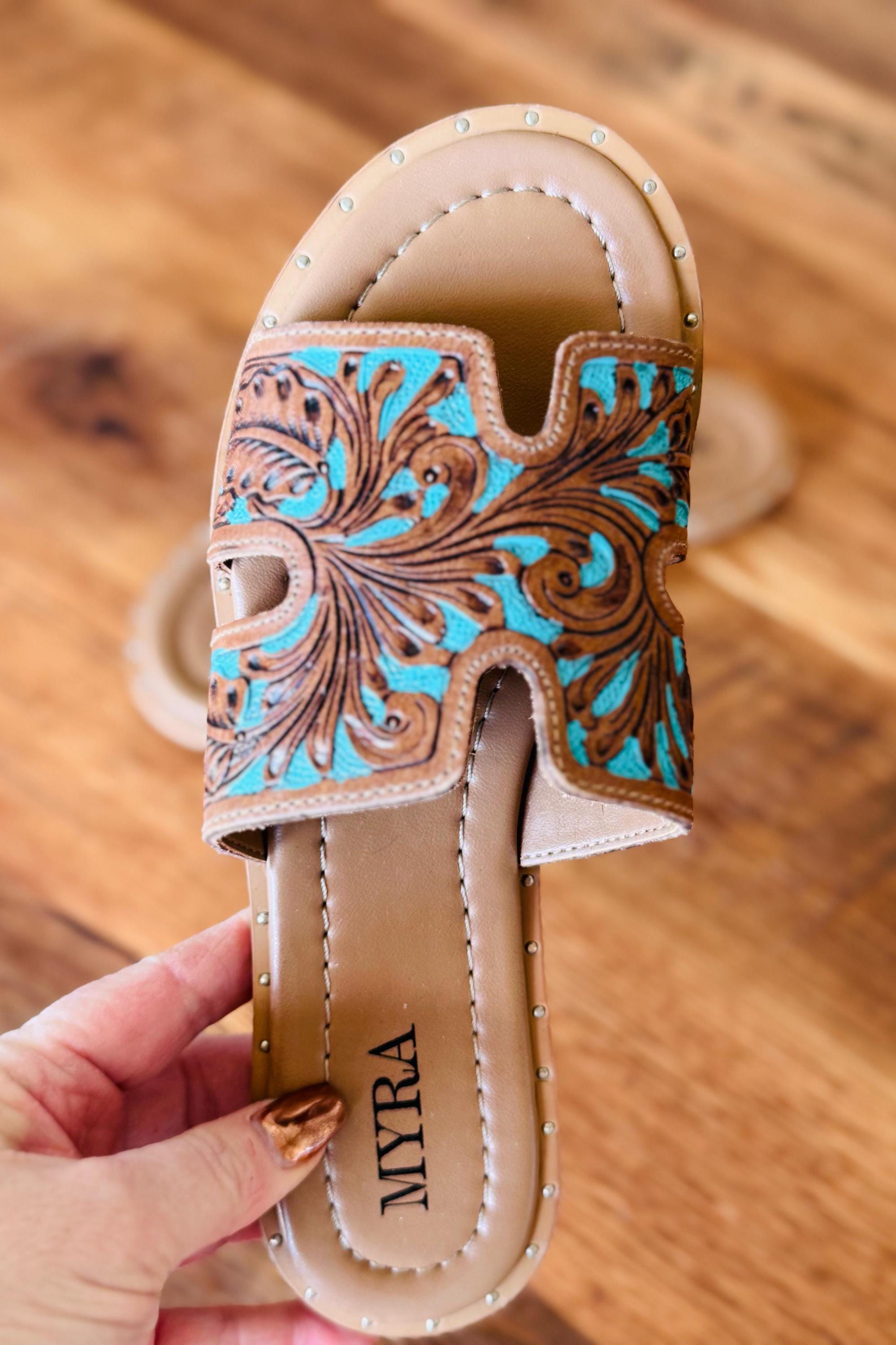 Tooled Leather, Turquoise & Brown, Slide sandals, Western sandals, Western Slides, Summer Shoes, Western Accessories, Cowgirl Sandal, Flats