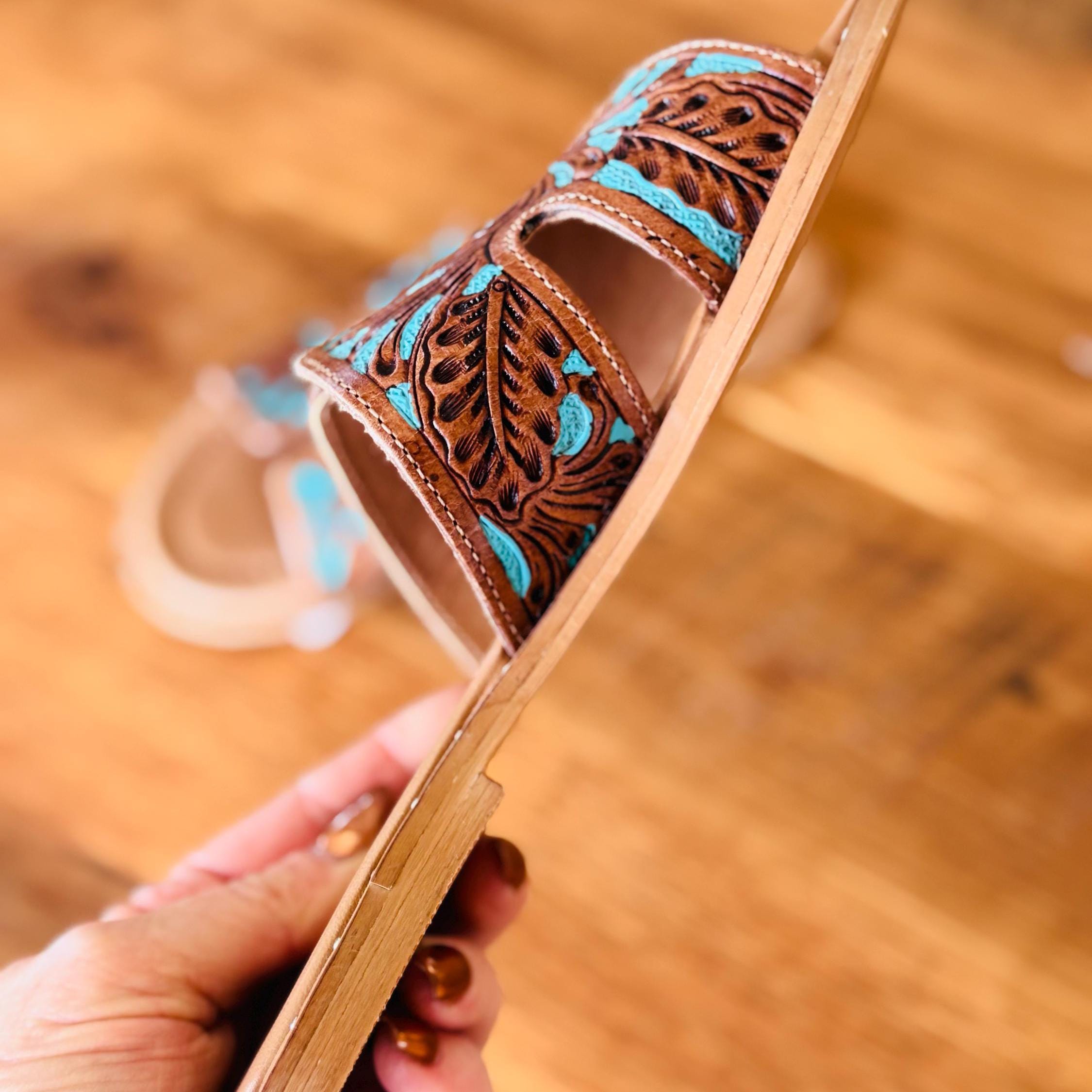 Tooled Leather, Turquoise & Brown, Slide sandals, Western sandals, Western Slides, Summer Shoes, Western Accessories, Cowgirl Sandal, Flats