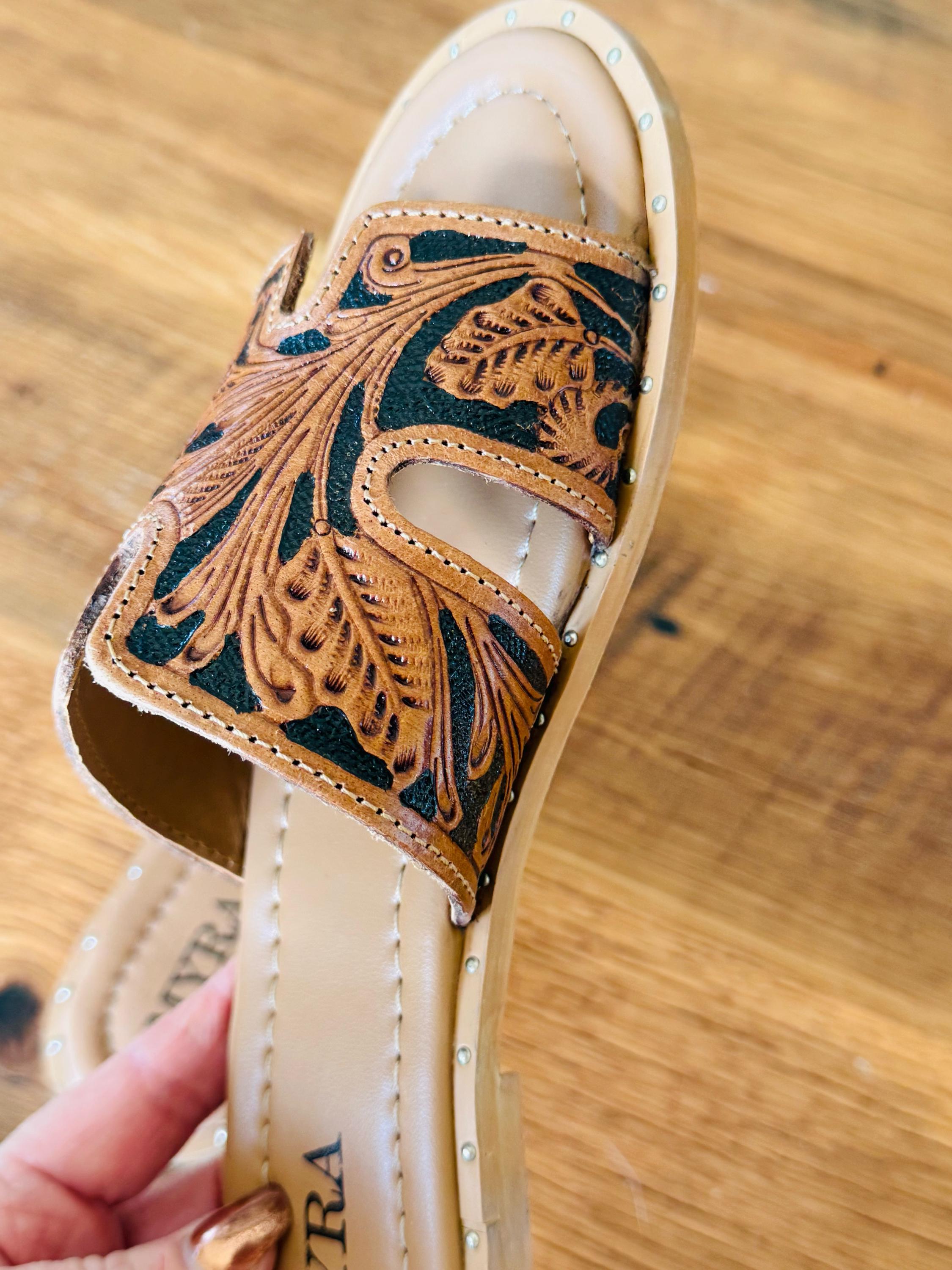Tooled Leather, Brown Floral, Slide sandals, Western sandals, Western Slides, Summer Shoes, Western Accessories, Cowgirl Sandal, Flats