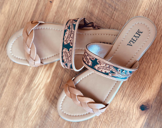 Tooled Leather & Braided Leather flats sandals, slides, Western sandals, Wedding, Prom Shoes, Summer Shoes Graduation, Mothers Day