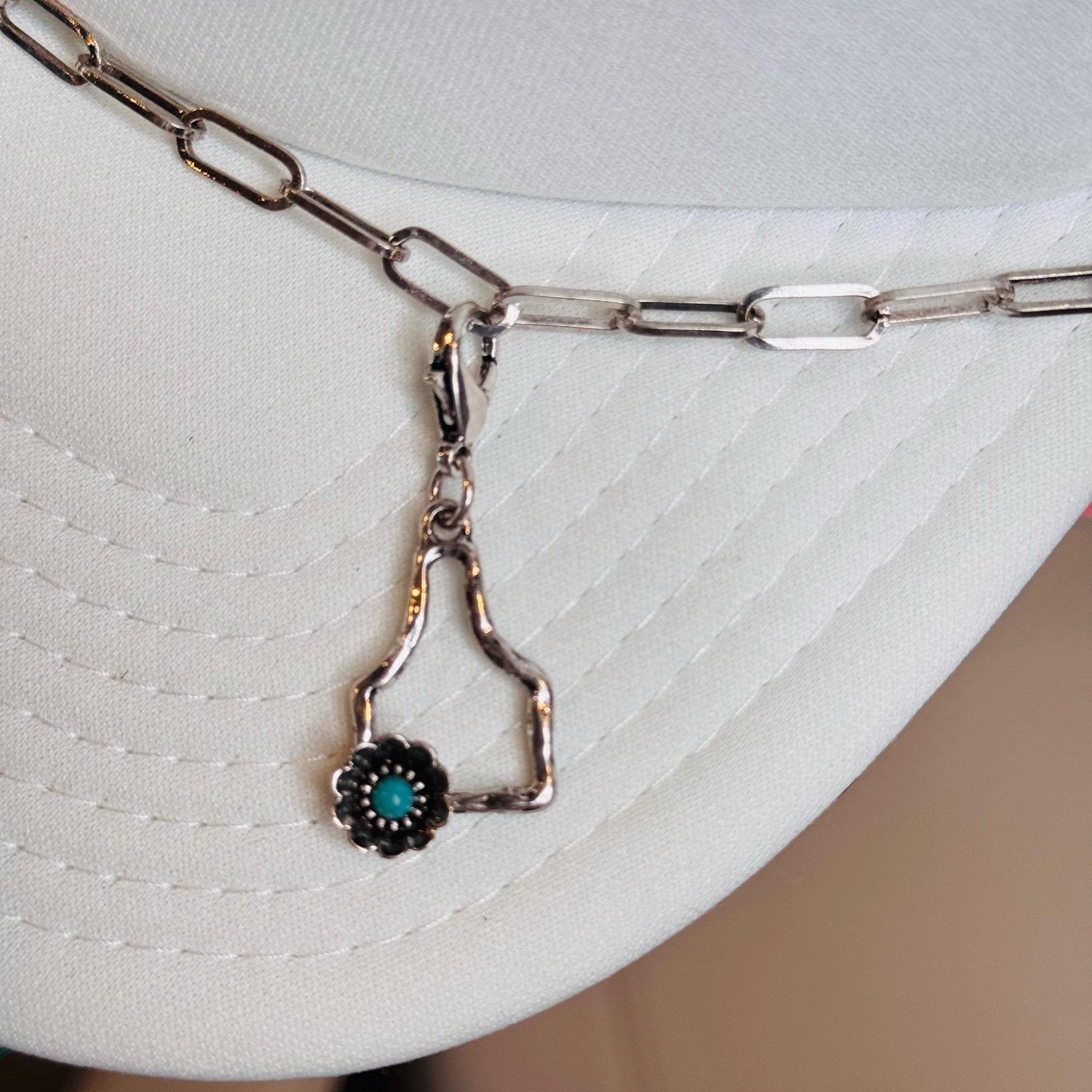 Silver Cow Tag with turquoise flower Hat Chain Charm Western Trucker Hat, Chain Decorate Your Own Trucker Hat