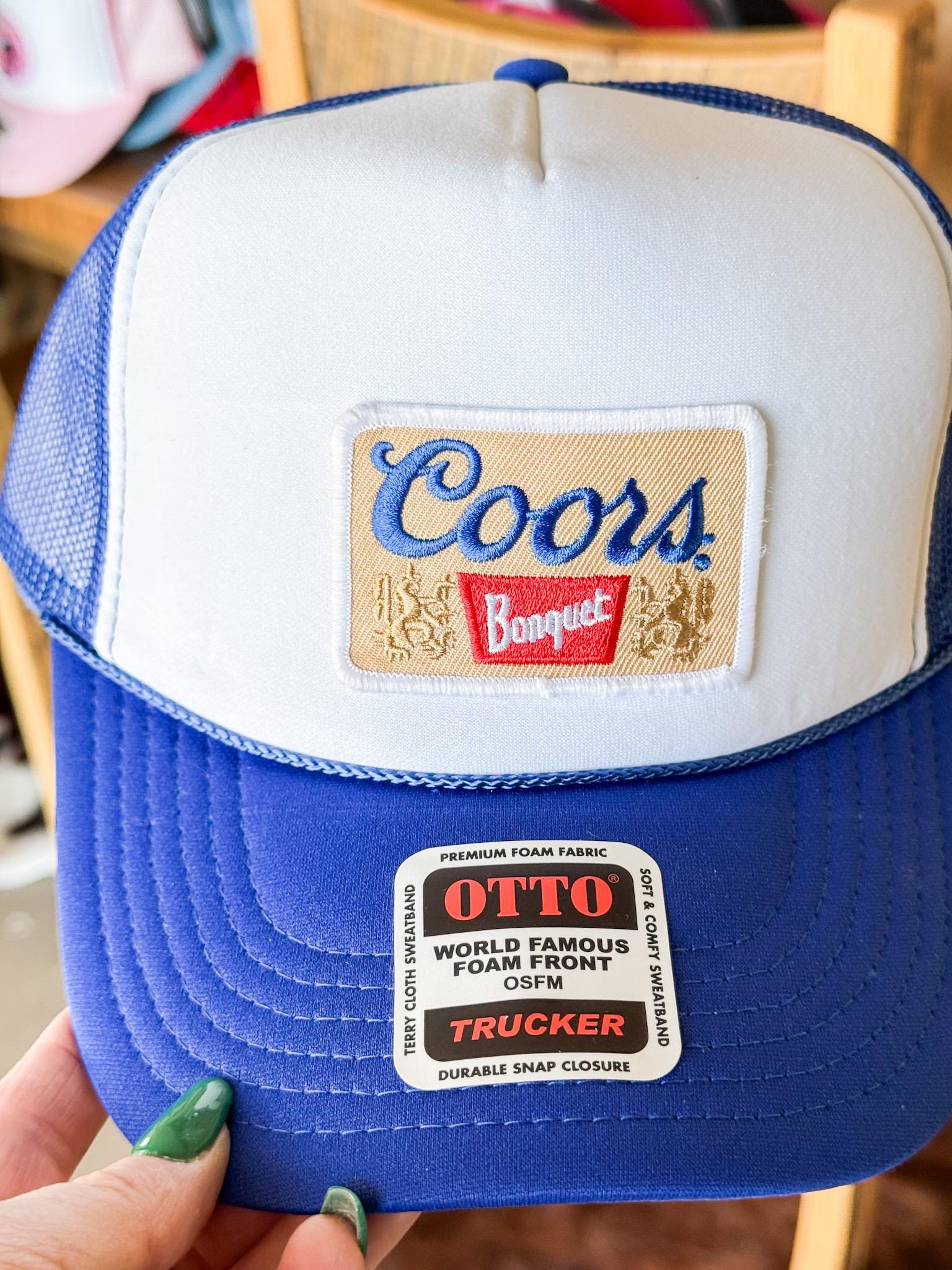 Royal Blue Beer, Embroidered Patch, Otto Foam Trucker Hat in Royal Blue, Spring Break, Vacation, Beach Hat, Baseball Hat, Sun Hat