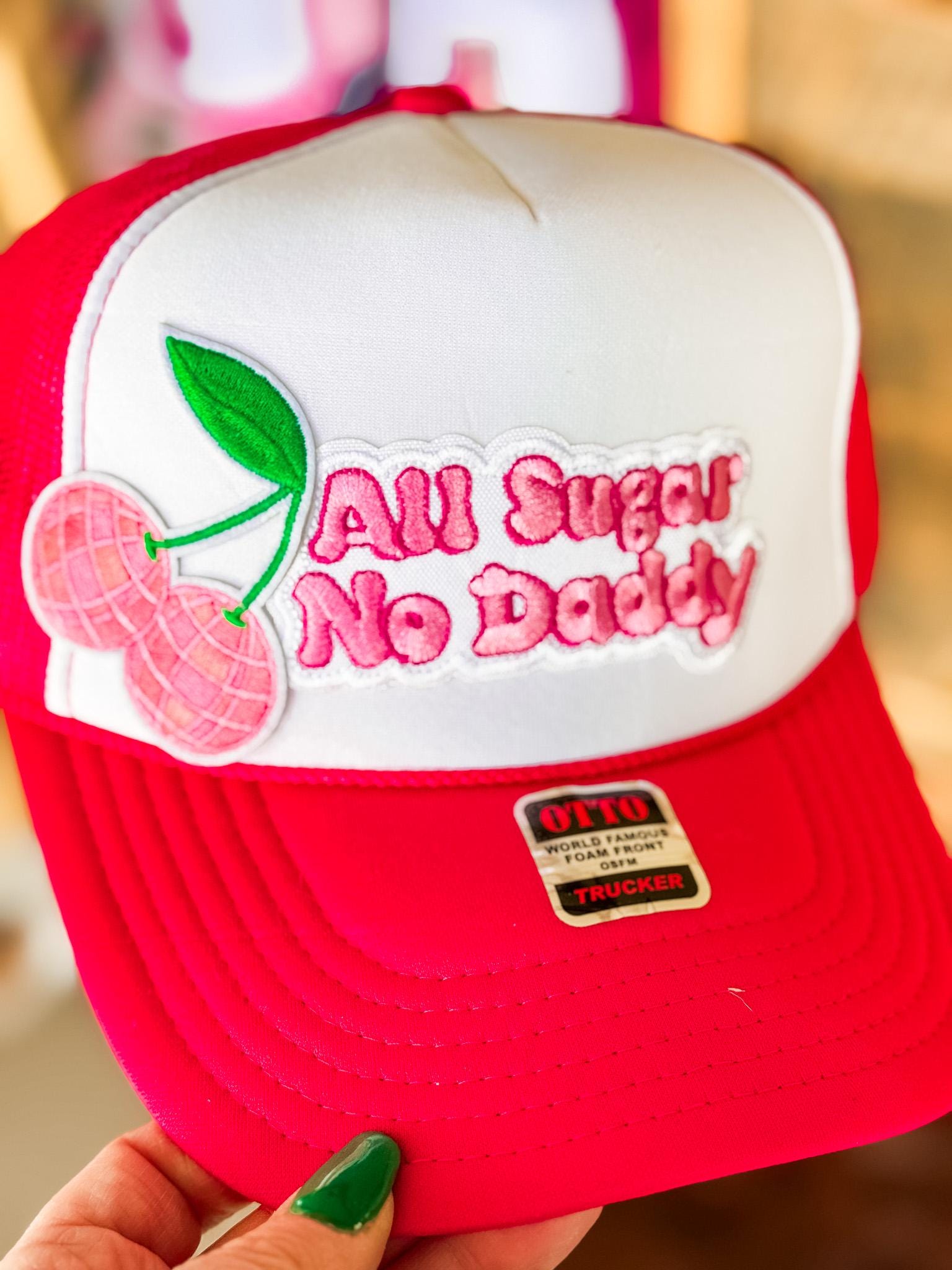 All Sugar No Daddy, Pink & Green Embroidered Patches, Cherry Patch, Otto Foam Trucker Hat in Red, Spring Break, Vacation, Beach Hat, Sun Hat