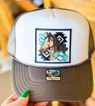 Horse &.Turquoise Aztec Embroidered Patch, Otto Foam Trucker Hat in Charcoal, Spring Break, Vacation, Beach Hat, Western Trucker, Sun Hat