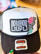 Cowboy Up, Checkered Lightning Bolt Embroidered Patch, Turquoise Stones, Otto Foam Trucker Hat in Black, Spring Break, Vacation, Beach Hat