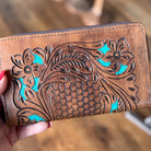 Tooled Leather Women's Zip around Style Wallet Western Wallet With Turquoise Cowgirl Wallet Gifts for Mom