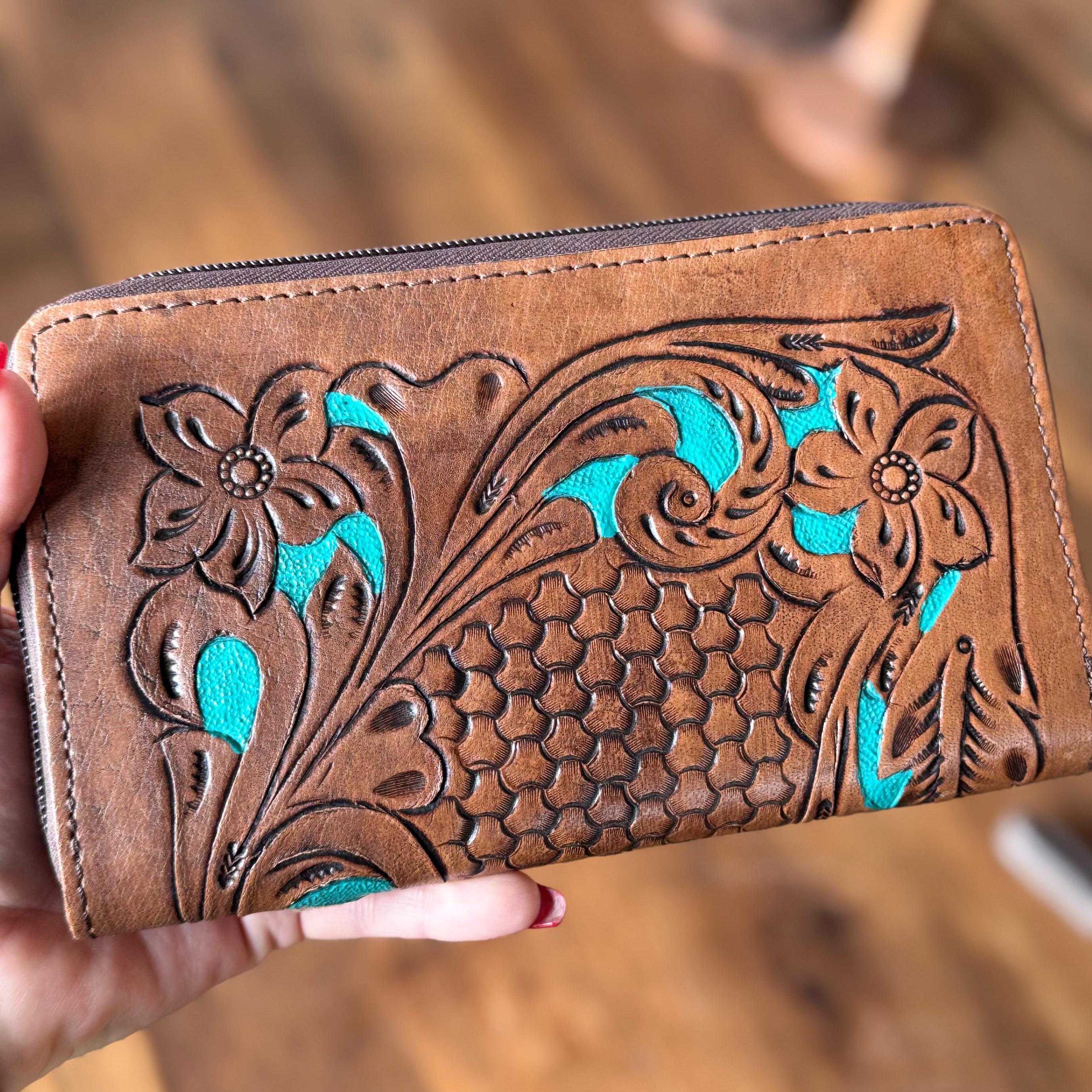 Tooled Leather Women's Zip around Style Wallet Western Wallet With Turquoise Cowgirl Wallet Gifts for Mom