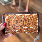 Tooled Leather & Cowhide Women's Zip around Style Wallet Western Wallet With Customizable with Your Farm Brand Name Initials Logo Monogram