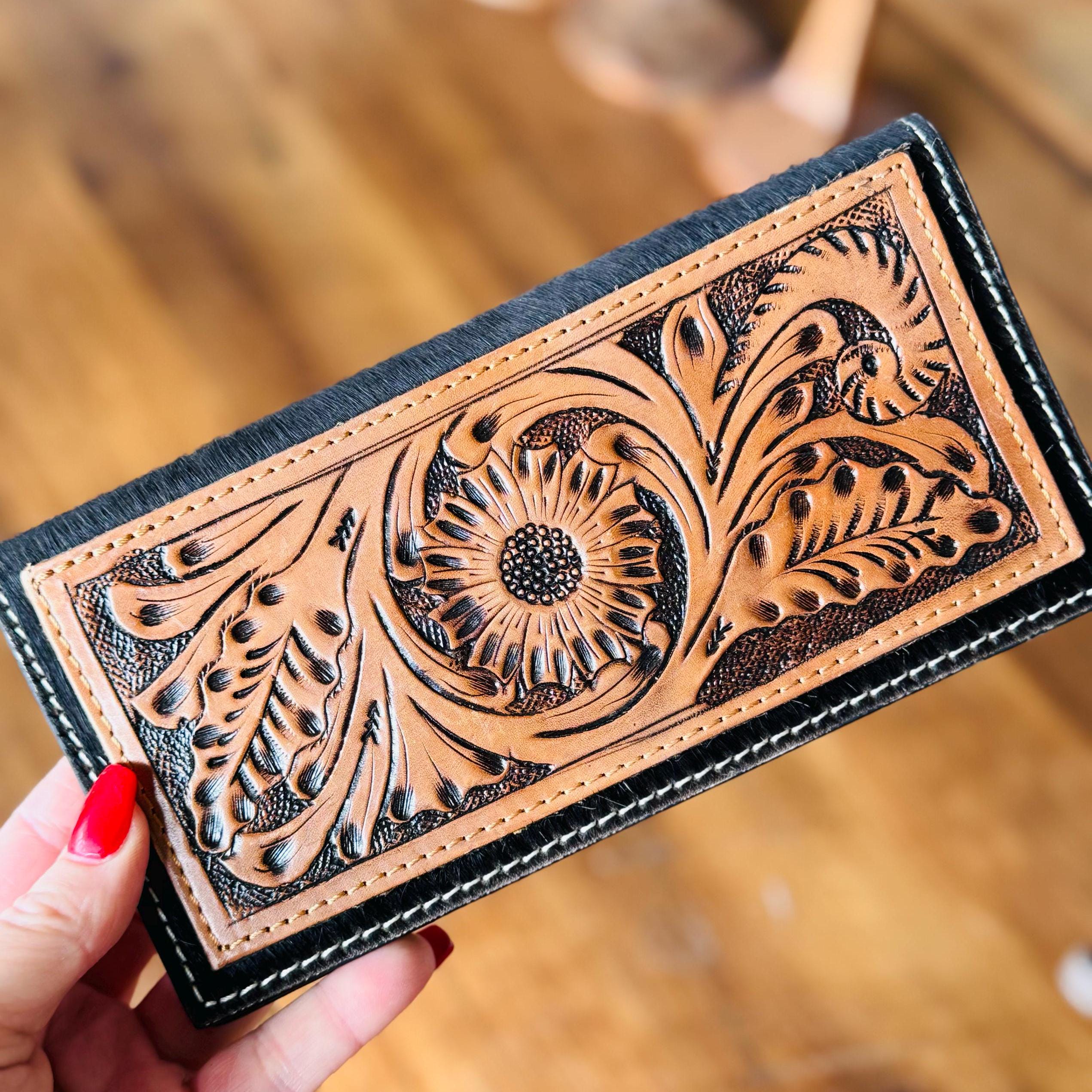 Customizable Tooled Leather & Cowhide Men's Women's Checkbook Style Wallet, We add your Farm Brand, Logo Initials Name Western Wallet