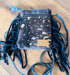 Small Black & Gold Cowhide Western Crossbody Purse Gift For Mom Black Fringe