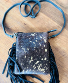Small Black & Gold Cowhide Western Crossbody Purse Gift For Mom Black Fringe
