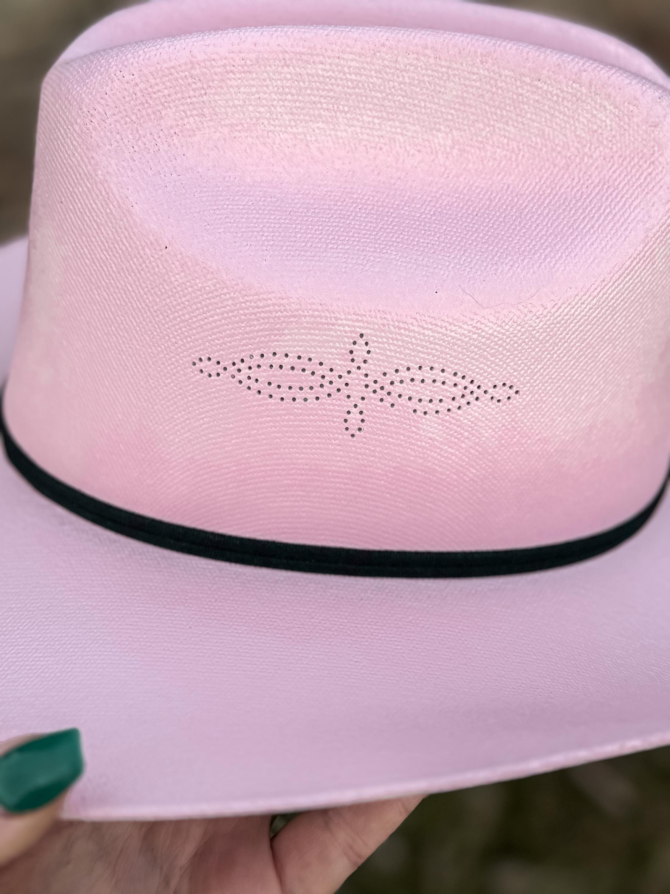 Pink Straw Cowboy Hat with black band, Cowgirl Hat, Custom Hat, Cattleman Style, Turned up Brim