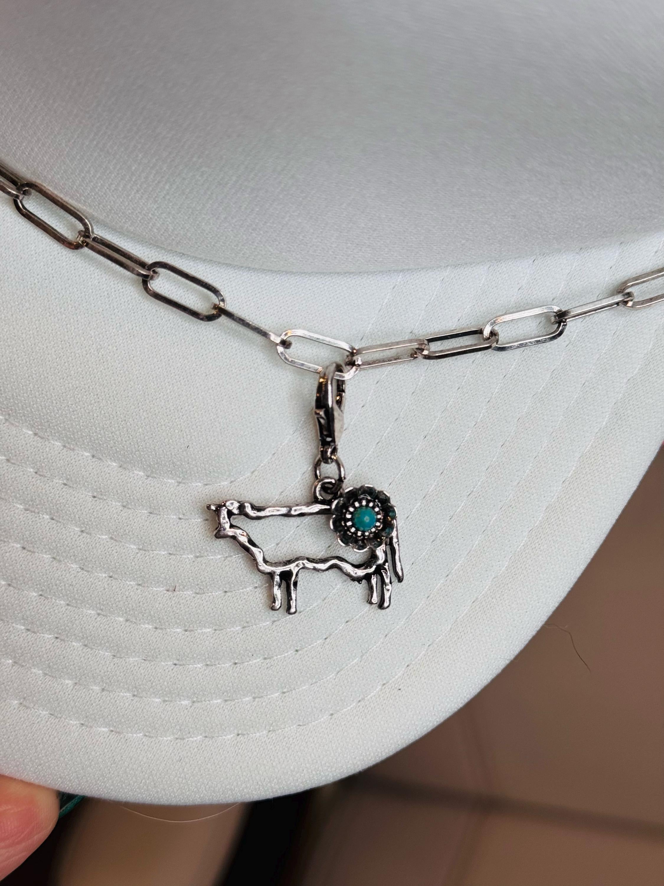 Cow with Turquoise Stone Silver Hat Chain Charm Western Trucker Hat, Chain Decorate Your Own Trucker Hat
