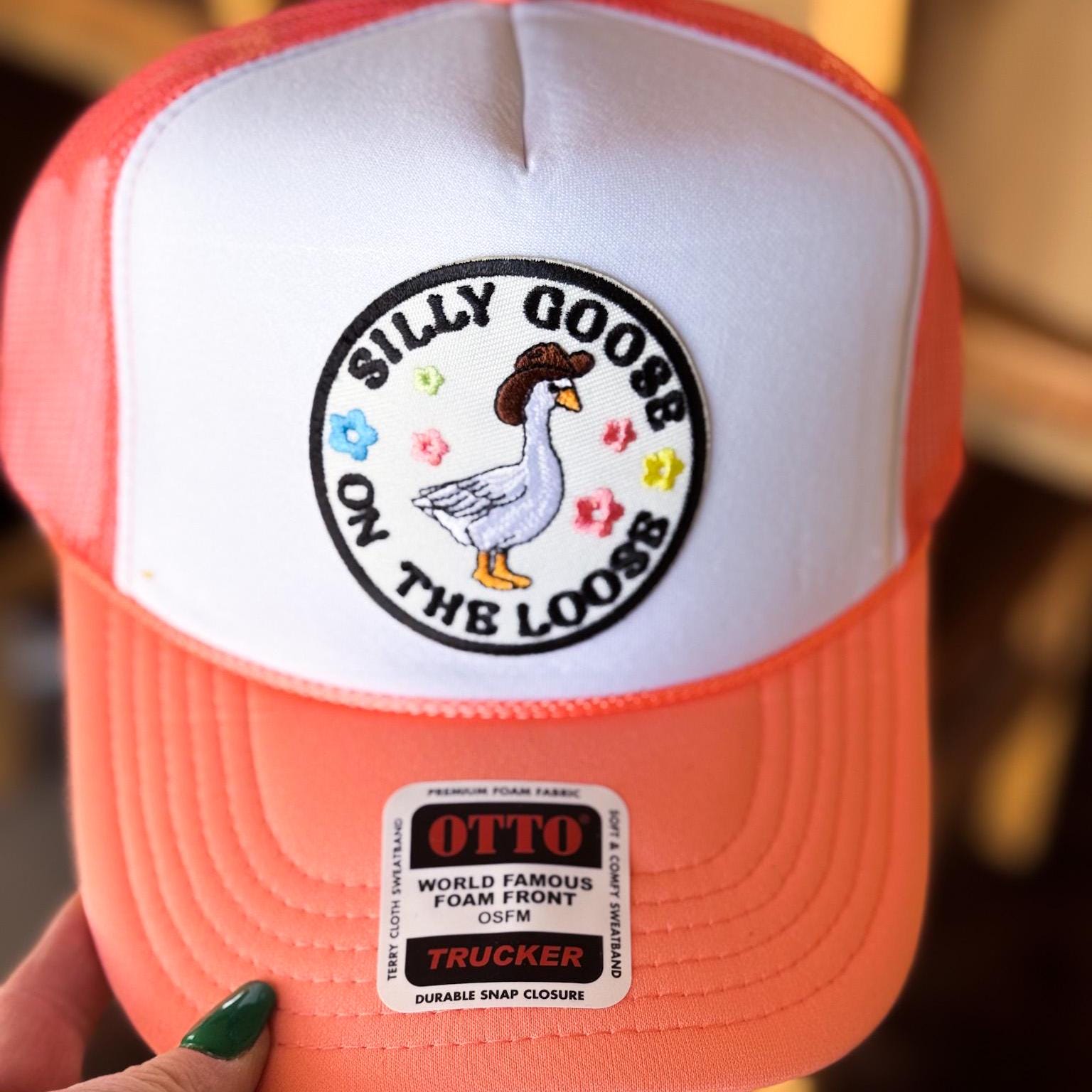 Silly Goose On the Loose, Embroidered Patch, Otto Foam Trucker Hat in Coral, Spring Break, Vacation, Beach Hat, Baseball Hat, Sun Hat
