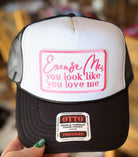 Excuse Me, Pink Embroidered Patch, Otto Foam Trucker Hat in Black, Spring Break, Vacation, Beach Hat, Baseball Hat, Sun Hat