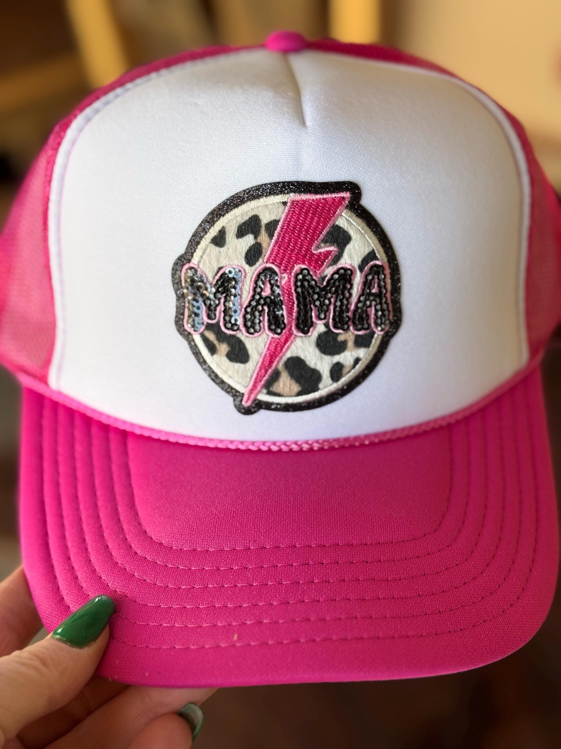 Sequin Mama Leopard and Lightning Bolt Embroidered Patch, Otto Foam Trucker Hat in Hot Pink, Spring Break, Vacation, Beach Hat, Sun Hat
