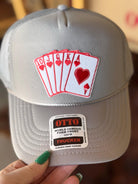 Royal Flush cards Embroidered Patch, Otto Foam Trucker Hat in Gray, Spring Break, Vacation, Beach Hat, Baseball Hat, Sun Hat Trendy