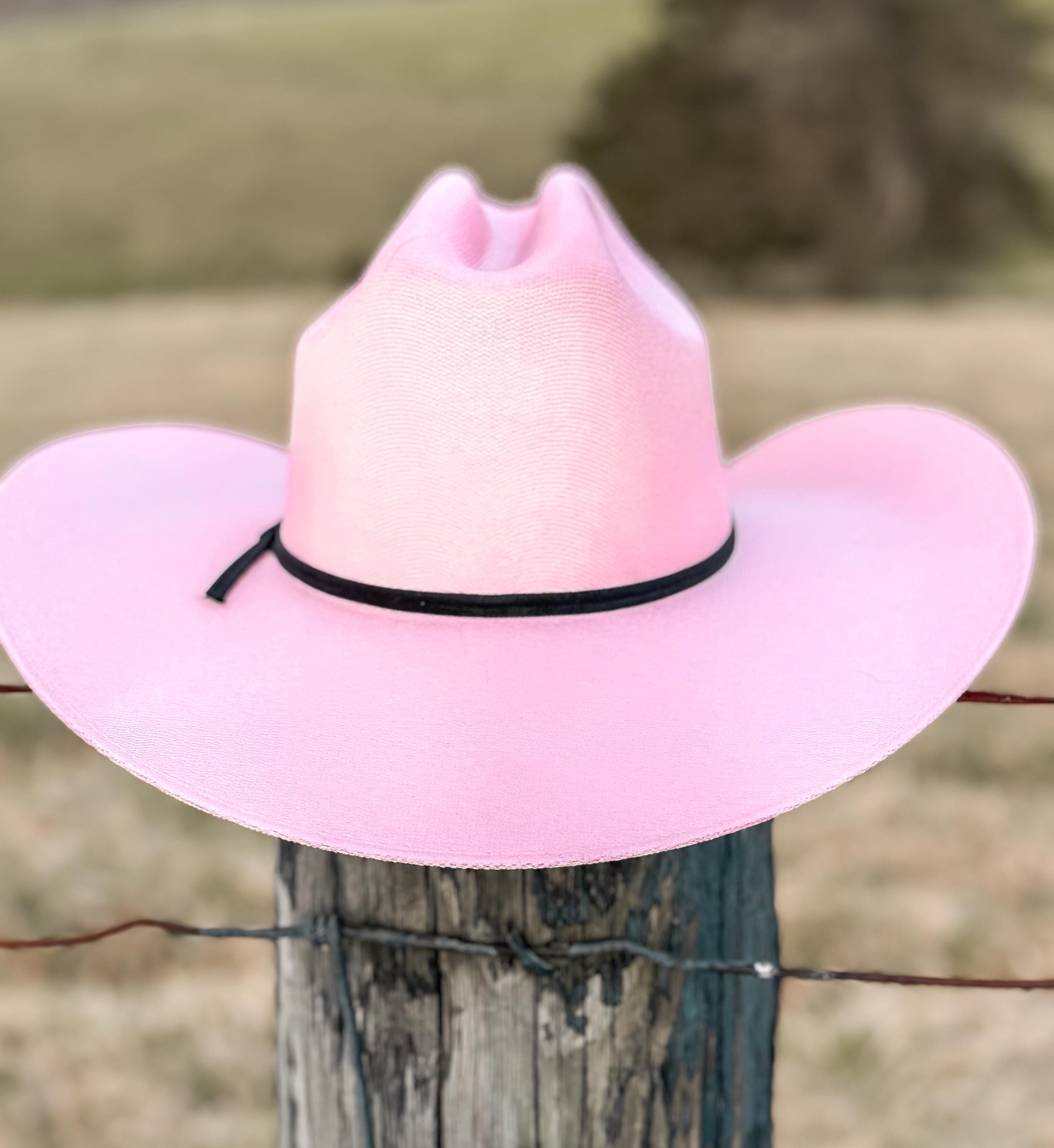 Pink Straw Cowboy Hat with black band, Cowgirl Hat, Custom Hat, Cattleman Style, Turned up Brim