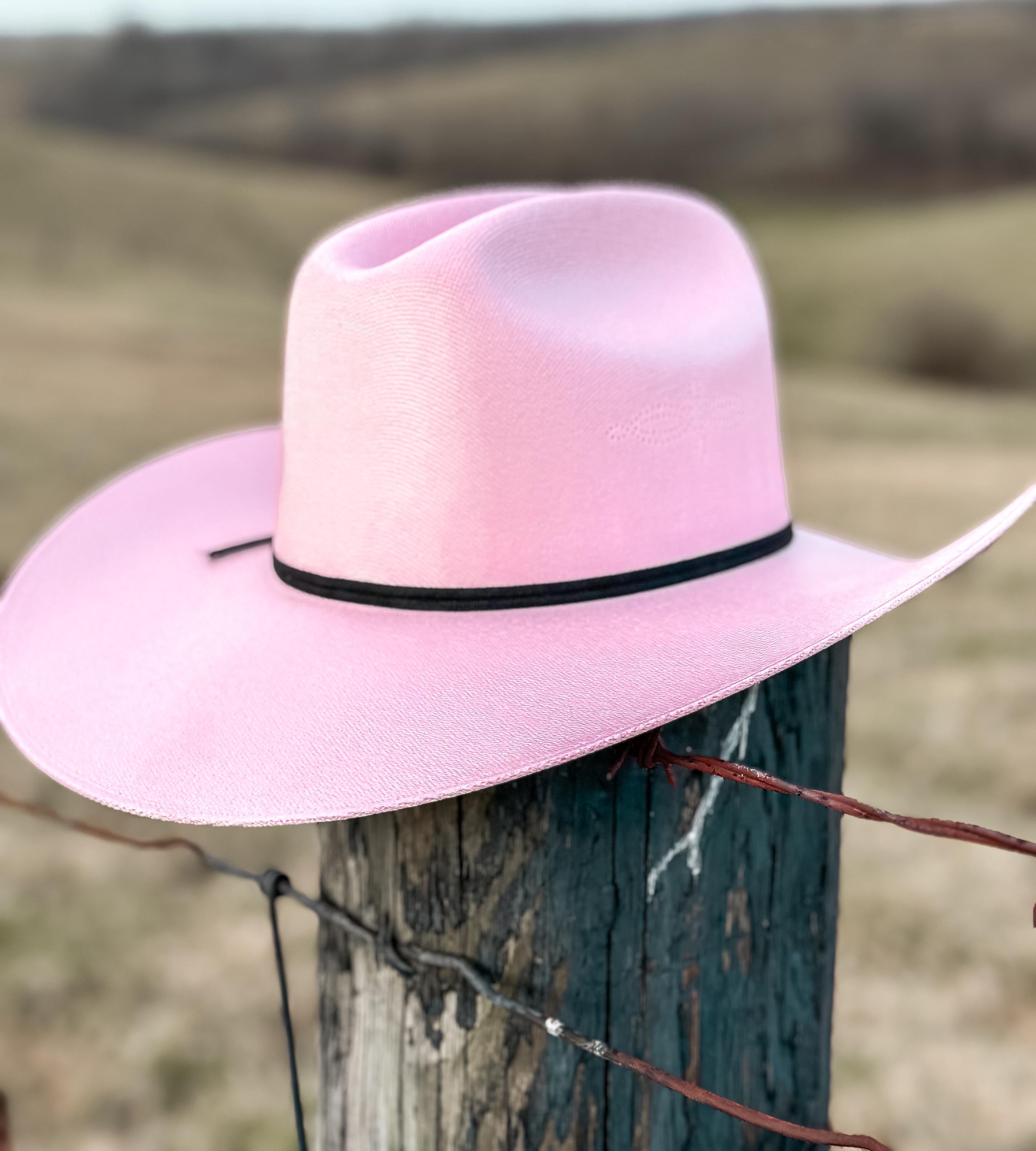 Pink Straw Cowboy Hat with black band, Cowgirl Hat, Custom Hat, Cattleman Style, Turned up Brim