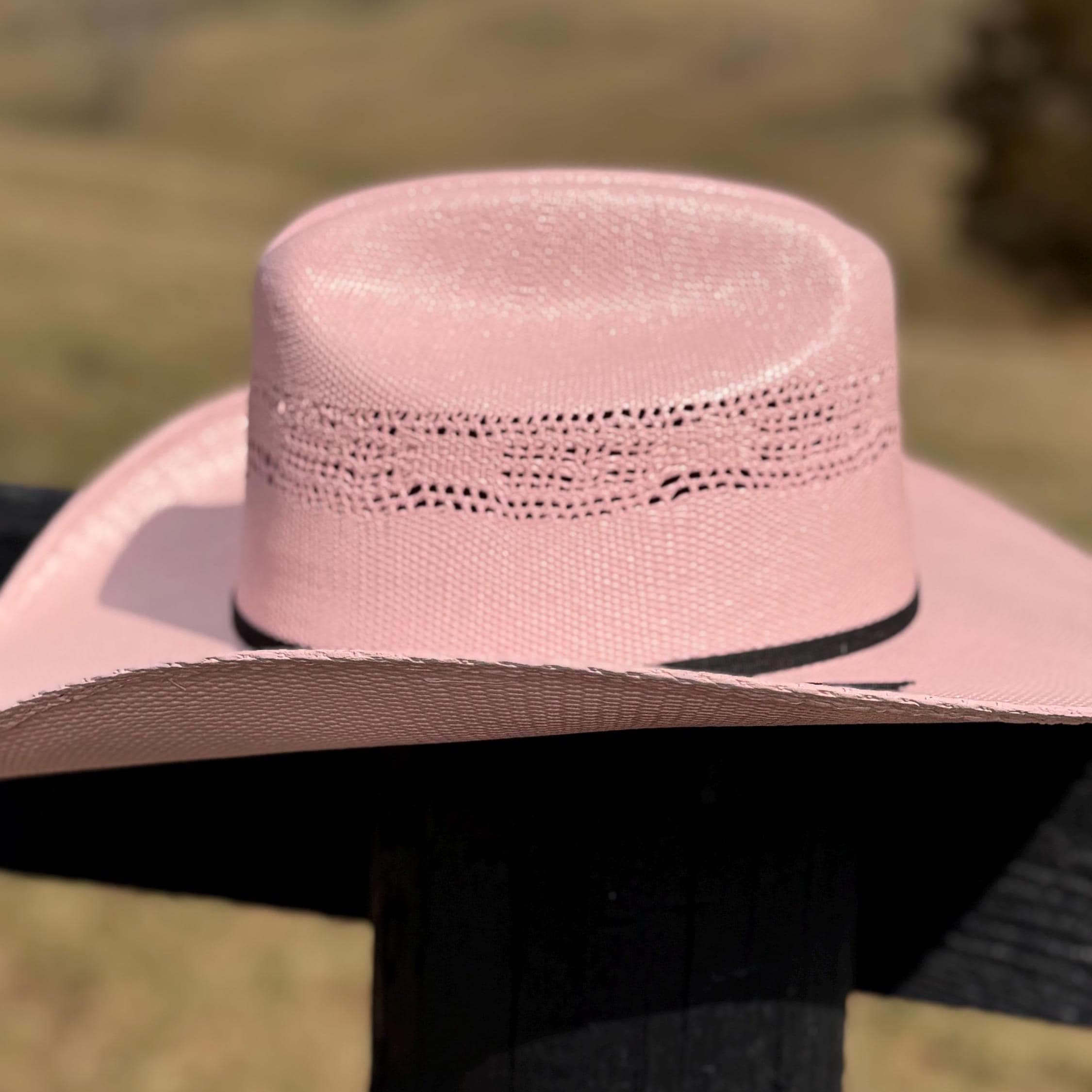 Pink Straw Cowboy Hat with black band, Cowgirl Hat, Custom Hat, Cattleman Style, Turned up Brim