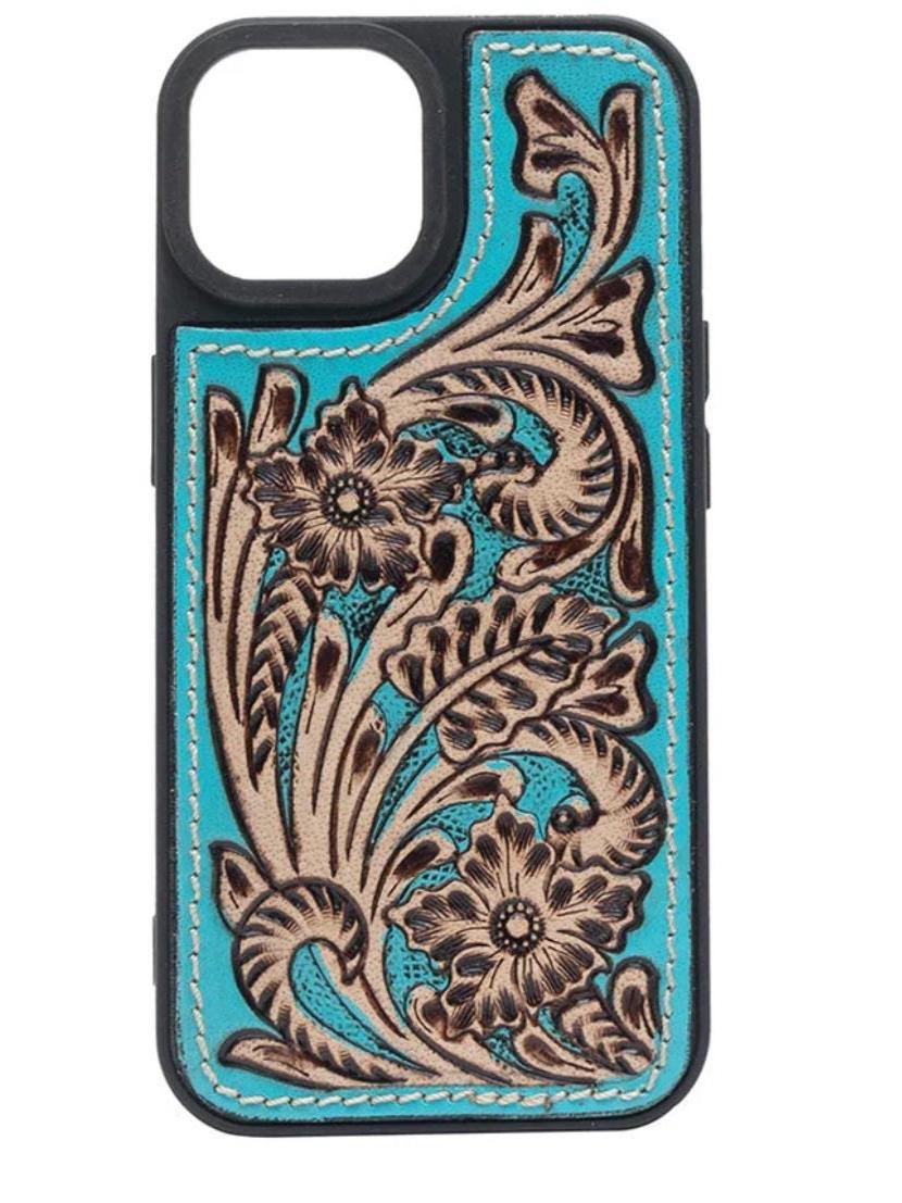 Turquoise Tooled Leather Western Phone Case, Phone Accessory, Phone cover for iPhone 15