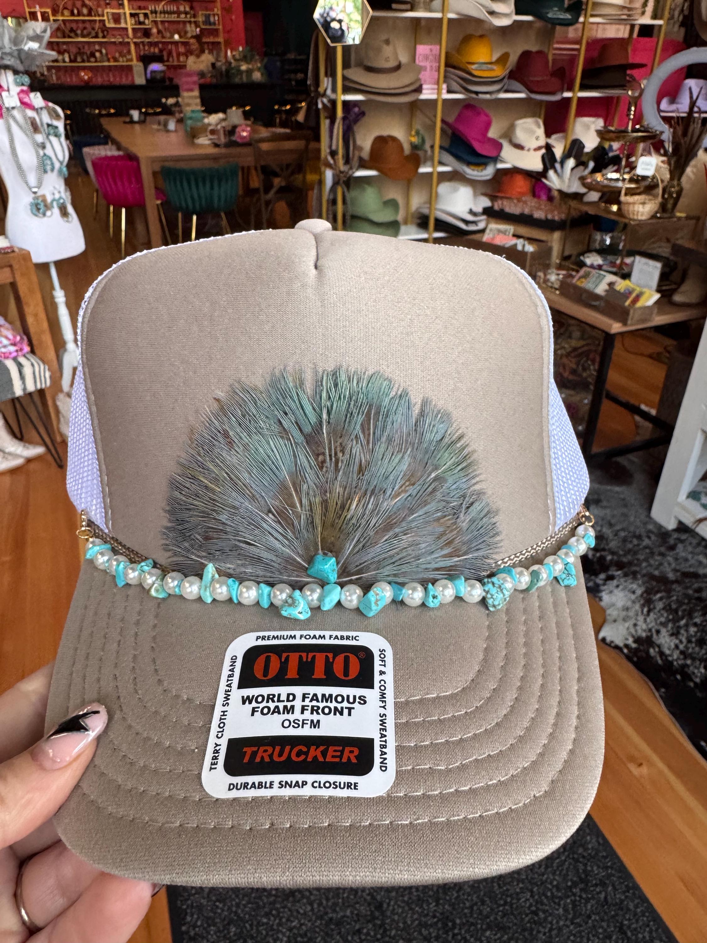 Western Feather Trucker Hat with Turquoise Accent