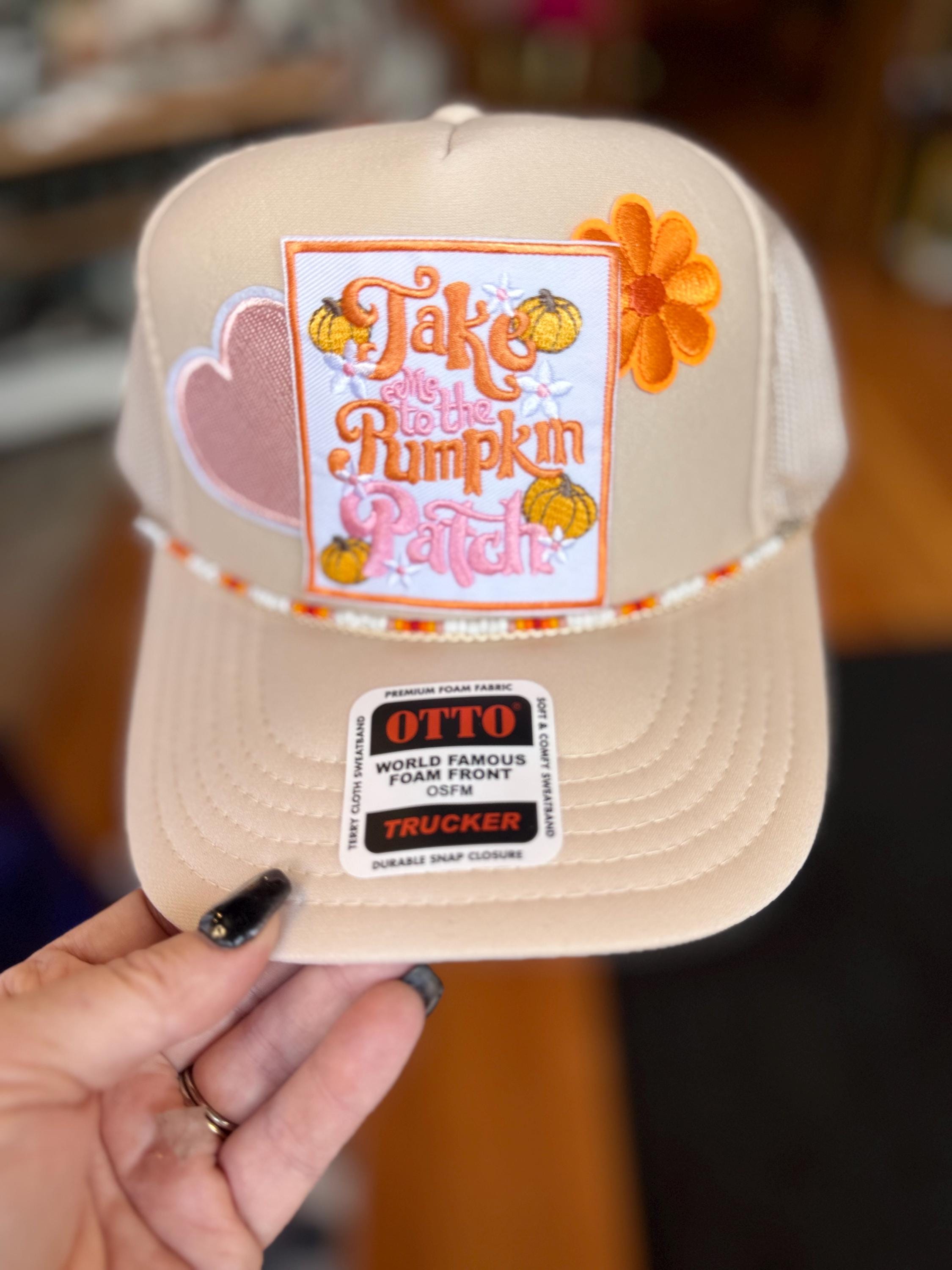 Take Me to the Pumpkin Patch Trucker Hat – Fall Festival Foam Front Snapback Cap with Retro Patch & Beaded Detail