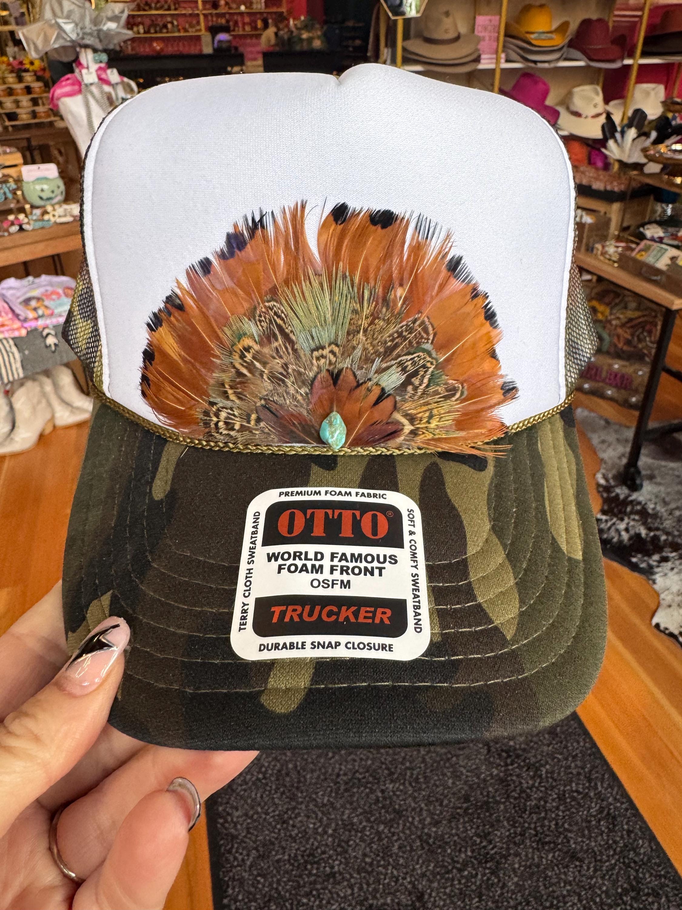 Duck Camo Trucker Hat With Feather Fan and Turquoise Accent