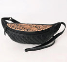 Handmade Black Quilted Leather Fanny Pack, Tooled Floral Western Waist Bag, Genuine Leather Festival Crossbody by American Darling