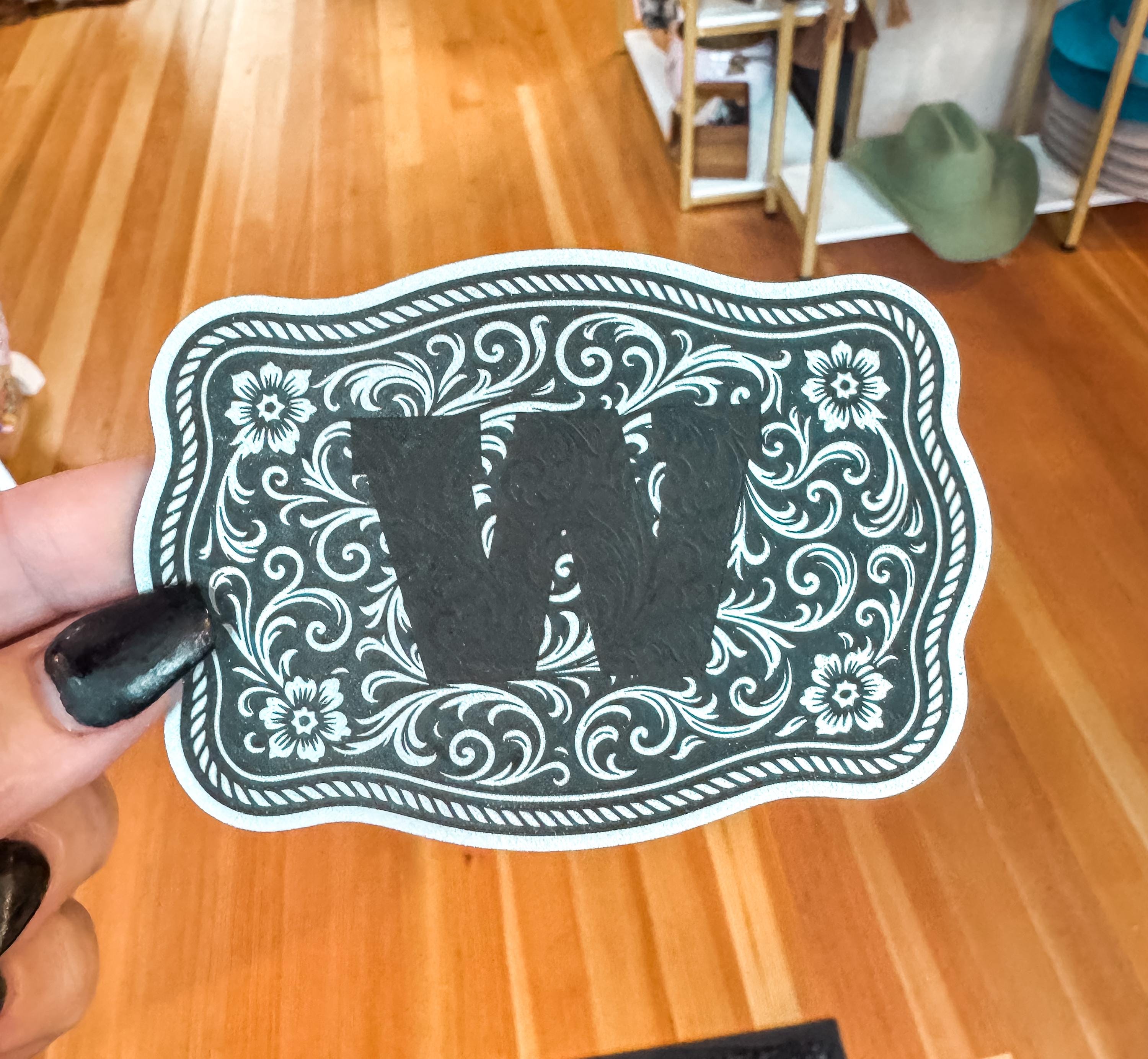 Western Belt Buckle Style Initial Silver Leather Patch