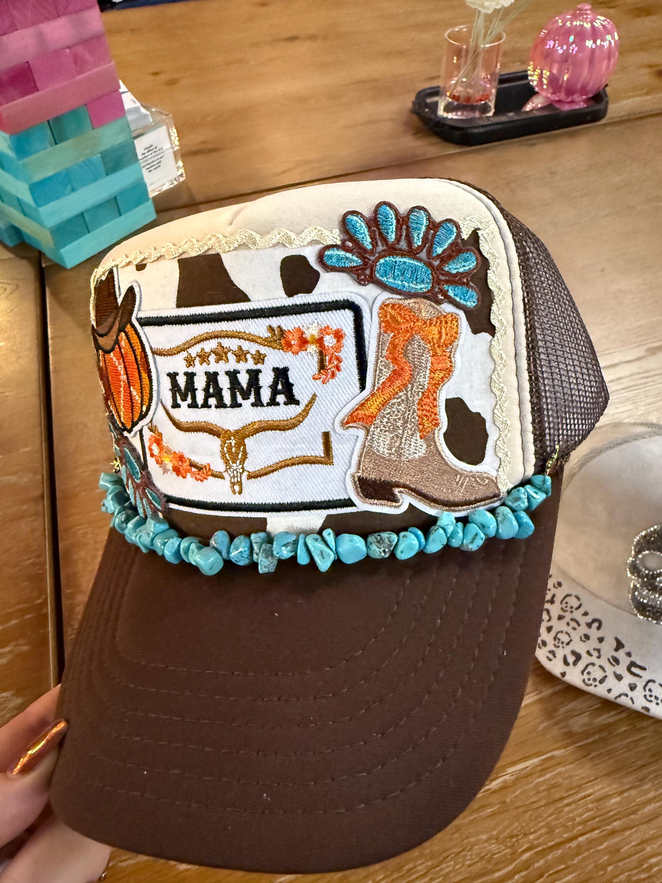 Fall Western Mama Hat | Cowboy Boot | Turquoise Beaded Trucker | Patch Hat | Western Trucker Hatl | Handmade
