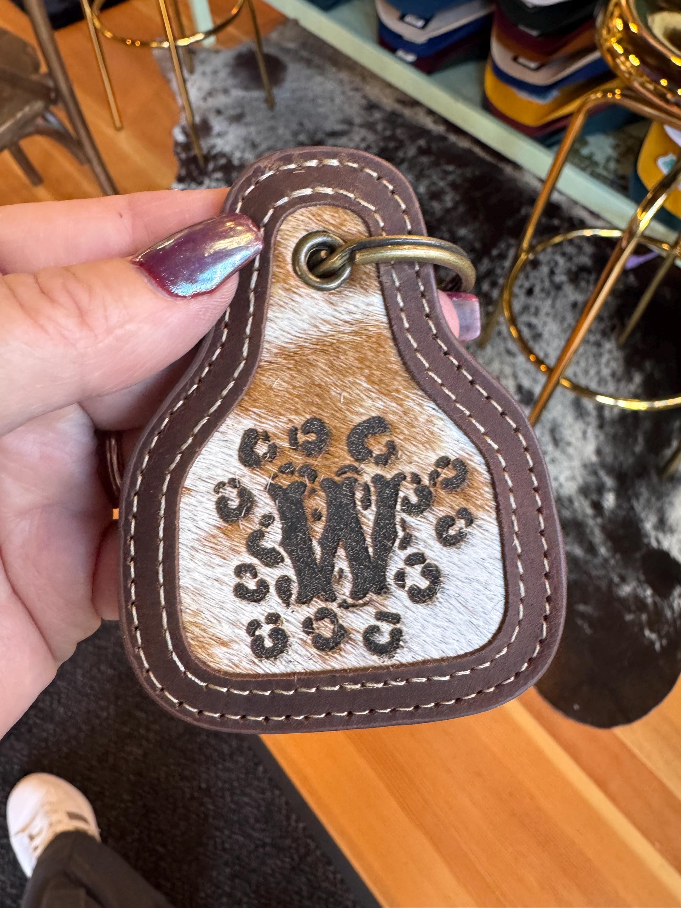 Leopard Monogram Cowhide Keychain Purse Charm