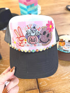 Hippie Halloween Trucker Hat | Retro Ghost Pumpkin Hat | Groovy Fall Vibes | Daisy Trim Trucker | Peace Love Spooky Season Hat