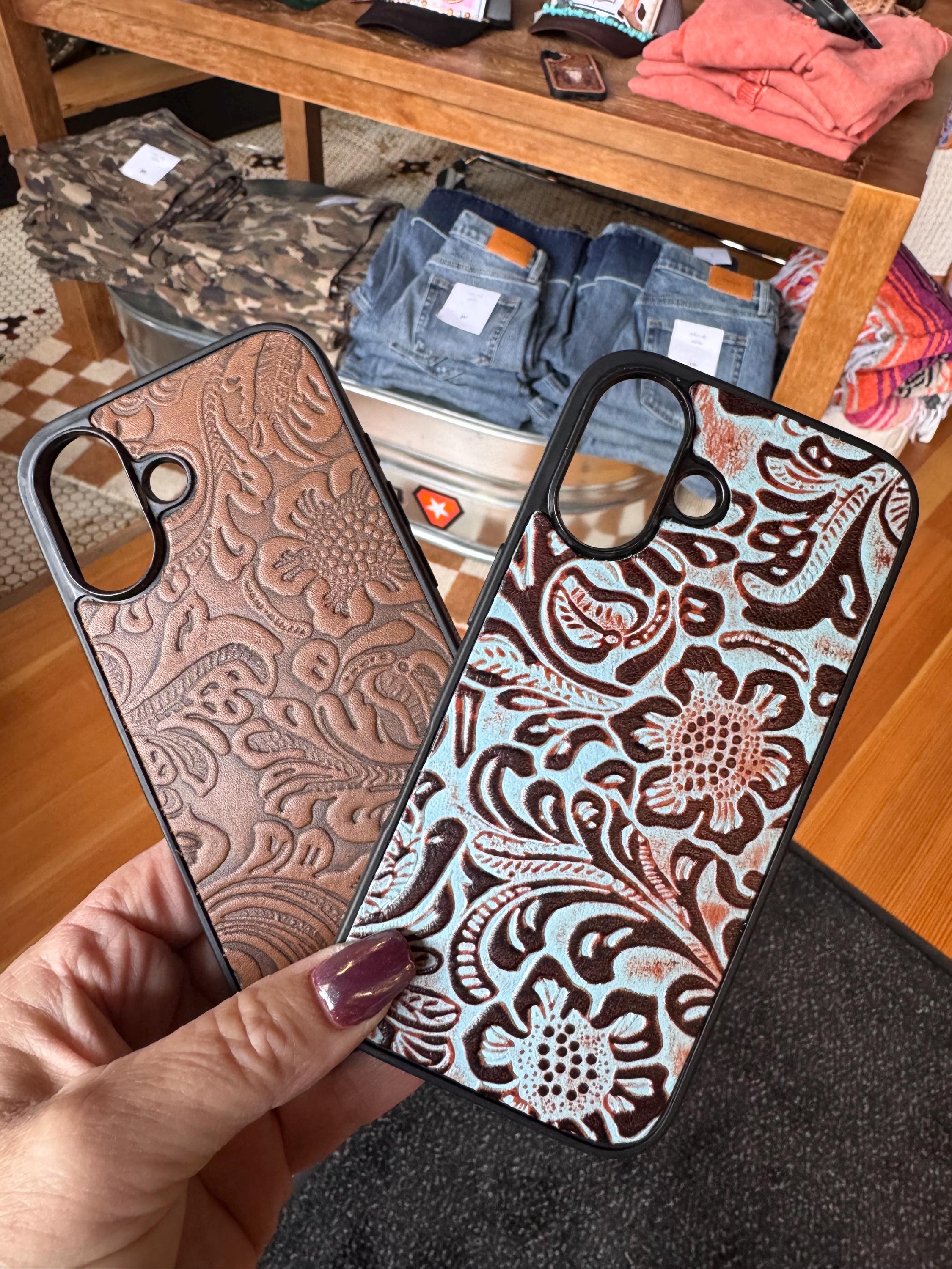 Embossed Leather iPhone 16 Case – Brown or Turquoise