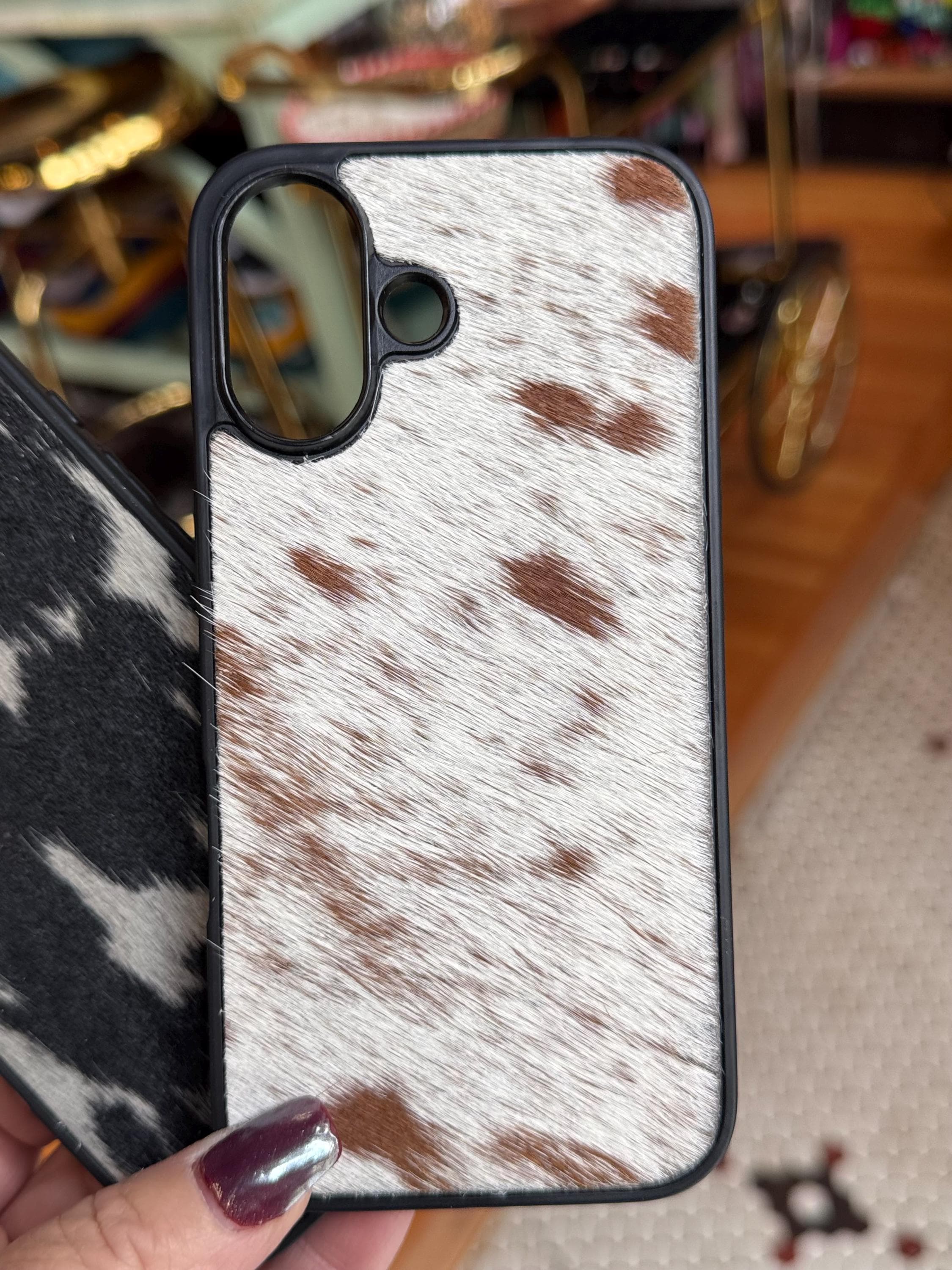 Cowhide Leather iPhone 16 Case – Brown and White or Black and White Hide