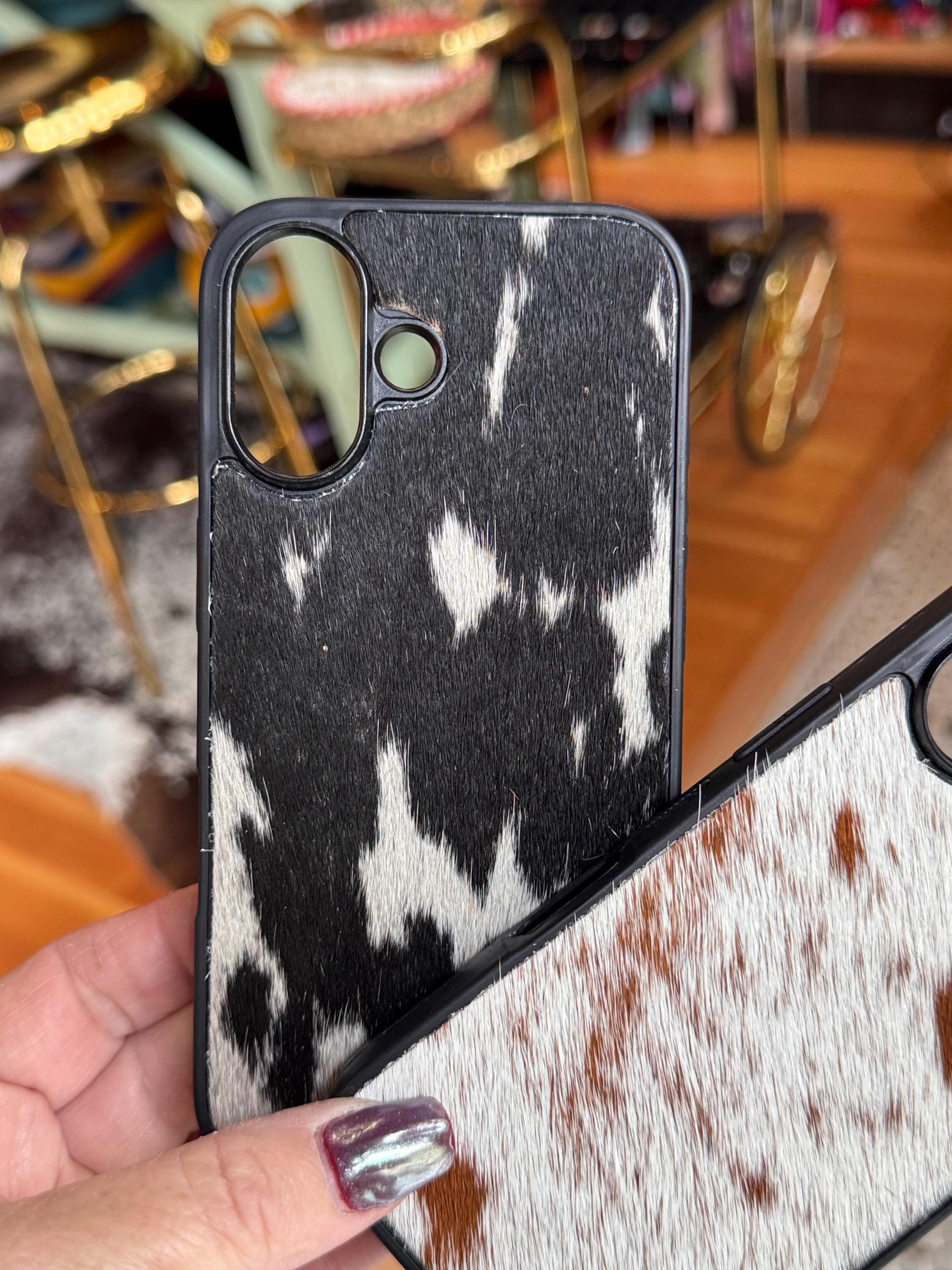 Cowhide Leather iPhone 16 Case – Brown and White or Black and White Hide