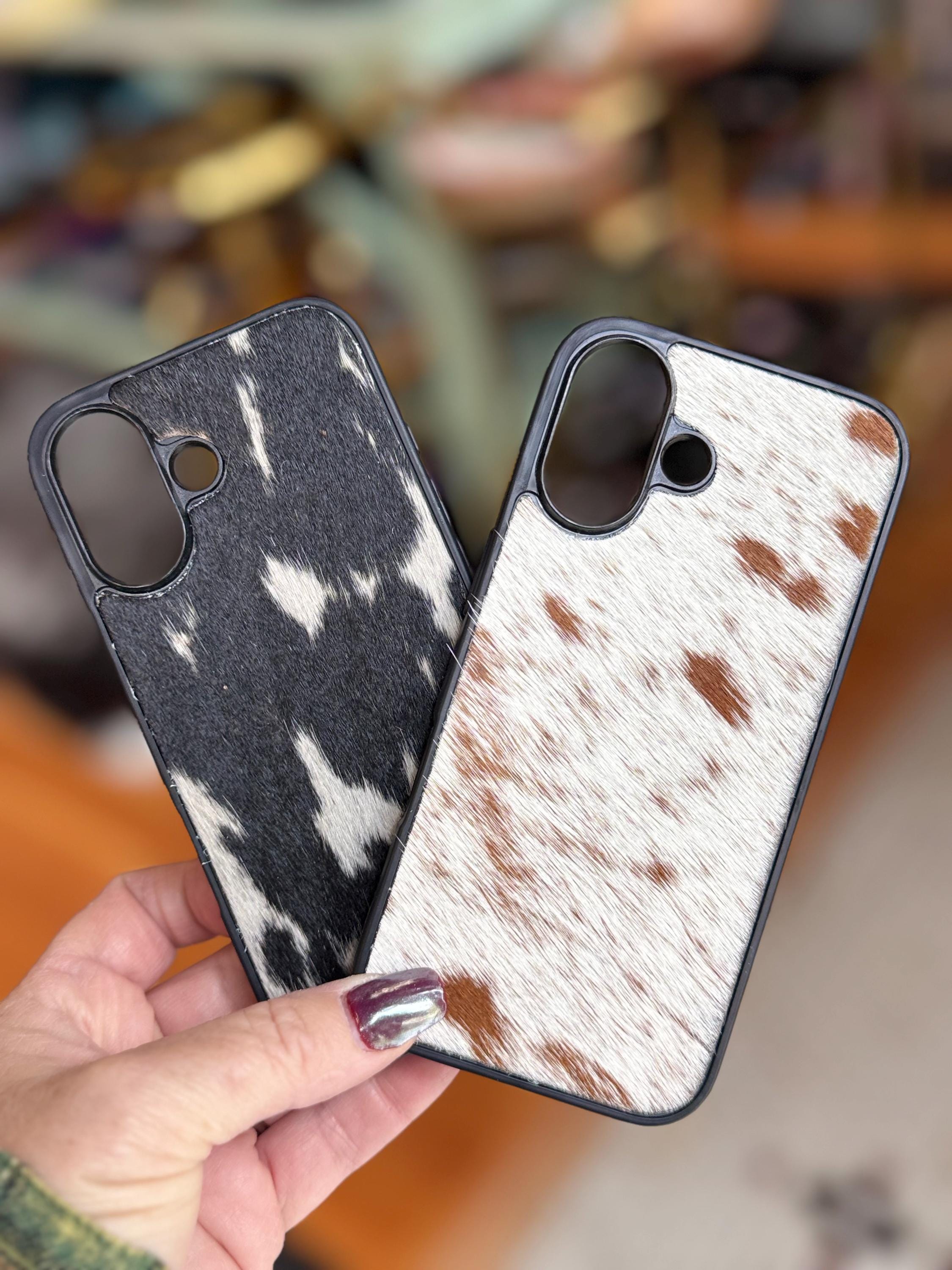 Cowhide Leather iPhone 16 Case – Brown and White or Black and White Hide