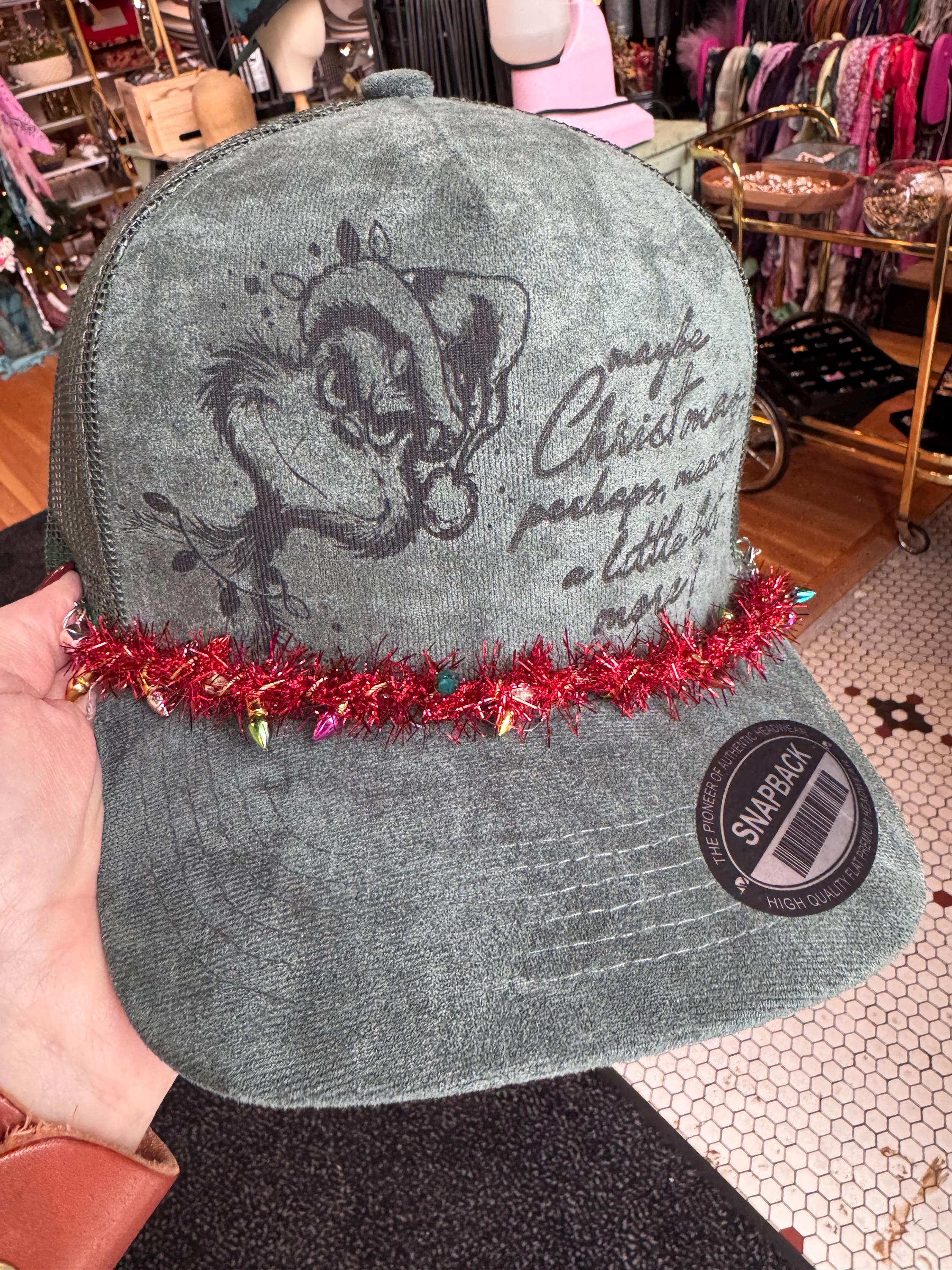 Green Suede “Maybe Christmas” Trucker Hat with Light-Up Garland Chain